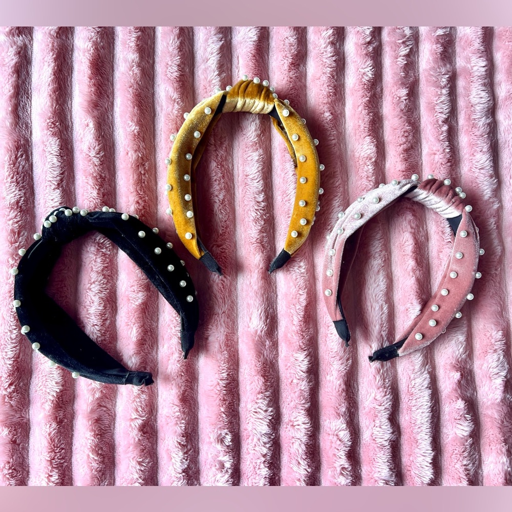 Stylish Velvet Pearl Headband Set - Black, Yellow, Pink